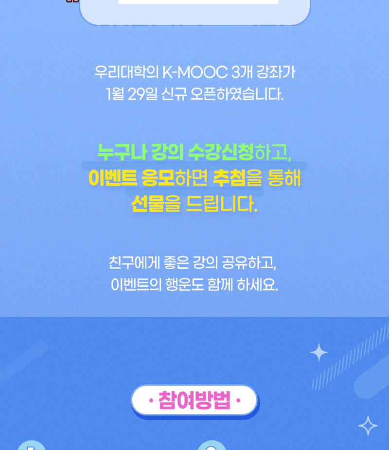 우리대학의 K_MOOC 3개 강좌가 1월 29일 신규 오픈하였습니다. 누구나 강의 수강신청하고, 이벤트 응모하면 추첨을 통해 선물을 드립니다. 친구에게 좋은 강의 공유하고 이벤트의 행운도 함께하세요. 참여방법